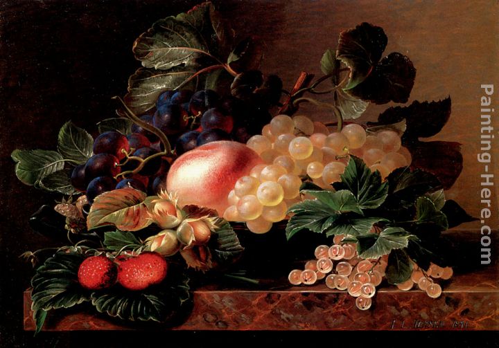 Grapes, Strawberries, a Peach, Hazelnuts and Berries in a Bowl on a marble Ledge painting - Johan Laurentz Jensen Grapes, Strawberries, a Peach, Hazelnuts and Berries in a Bowl on a marble Ledge art painting
